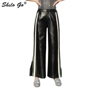 

Streetwear Leather Pants Women Casual Side Line Elastic High Waist Sheepskin Genuine Leather Wide Leg Pants Female Split Capris