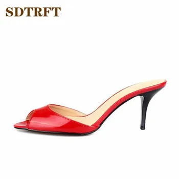 

SDTRFT Plus:35-45 46 47 48 ladies Stilettos 7cm Thin High-Heeled sexy Patent Leather Peep Toe pumps women Sandals wedding shoes