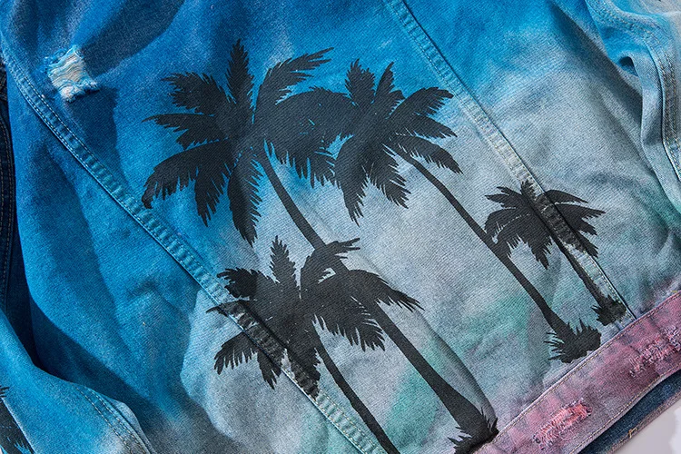 Винтажная джинсовая куртка-бомбер с рваными отверстиями, морской пляж, кокосовое дерево, Мужская джинсовая куртка в стиле хип-хоп, рваная уличная одежда, джинсовая куртка
