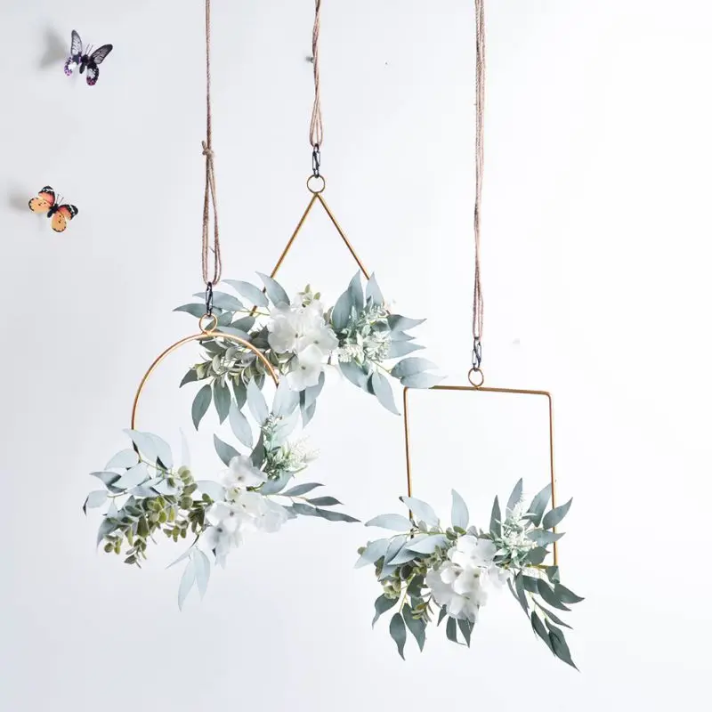 

New Geometric Metal Garland Home Decoration Simulation Hydrangea Backdrop Wall Ornament Wreath Floral Hoop