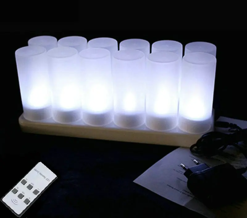 

set of 12 Rechargeable Led Candle Flameless Tea Light Glow lamp 6key w/Remote controller Waxless Christmas Valentine table-White