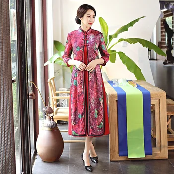 

Autumn New Rayon 2 Pieces Cheongsam Suit Traditional Women Mandarin Collar Qipao Print Floral Elegant Dress Vestidos M-XXXL
