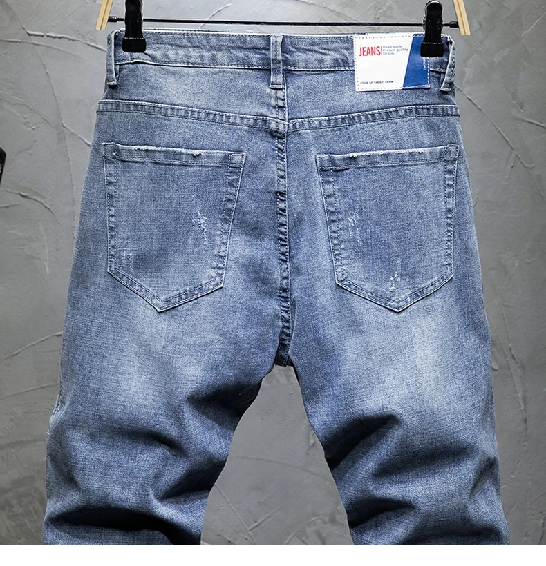2020 Men Jeans Slim Fit Light Blue Elastic Hollow Out Ripped Feet Jogger Pants Male Leisure Modis