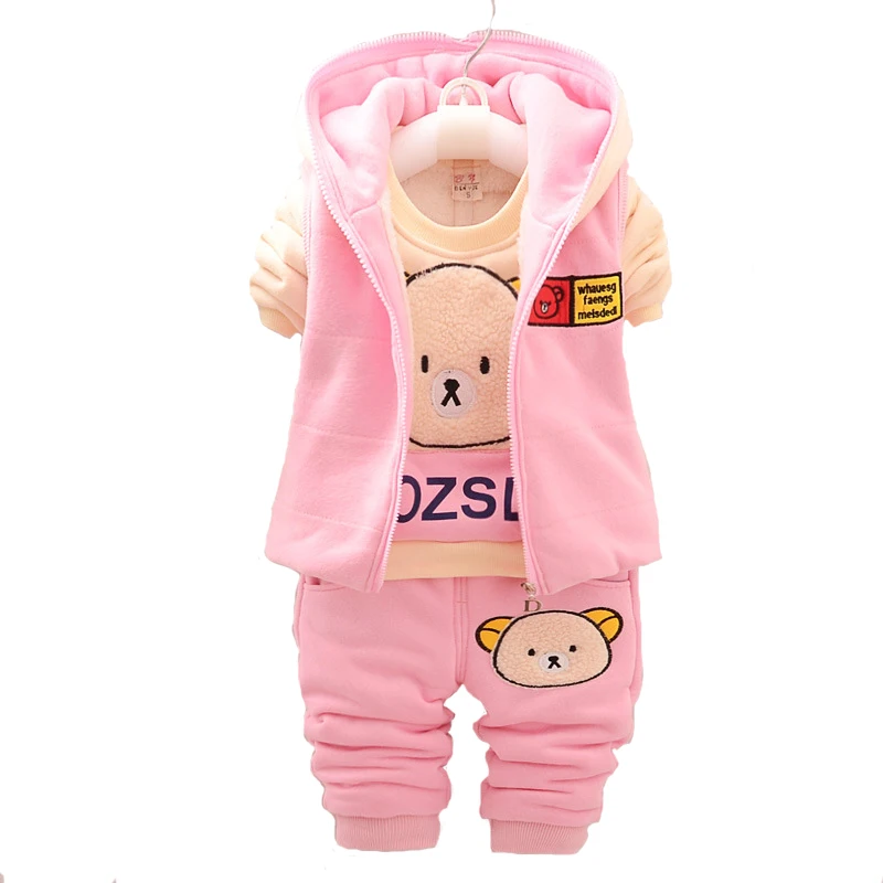 

3pcs Winter Baby Girl Boys Cartoon Bear Warm Plus Velvet Thicken Vest Hoodies Vest Shirt Pants Suit Kids Clothing Sets