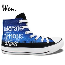 Вэнь Дизайн Пользовательские Ручная роспись обувь Доктор Кто переносит демонов Ангел синий для мужчин и женщин высокие холщовые кроссовки для подарков
