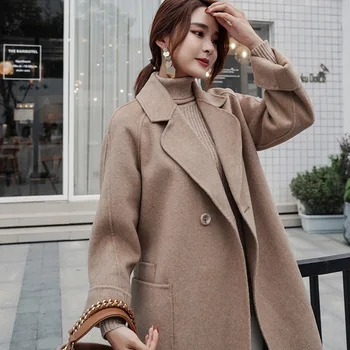 

JECH 2018 Spring and Autumn Fashion Women's 100% Wool Cashmere Coat Winter Warm Two-Sided Loose Shoulder Wool Women's Coat