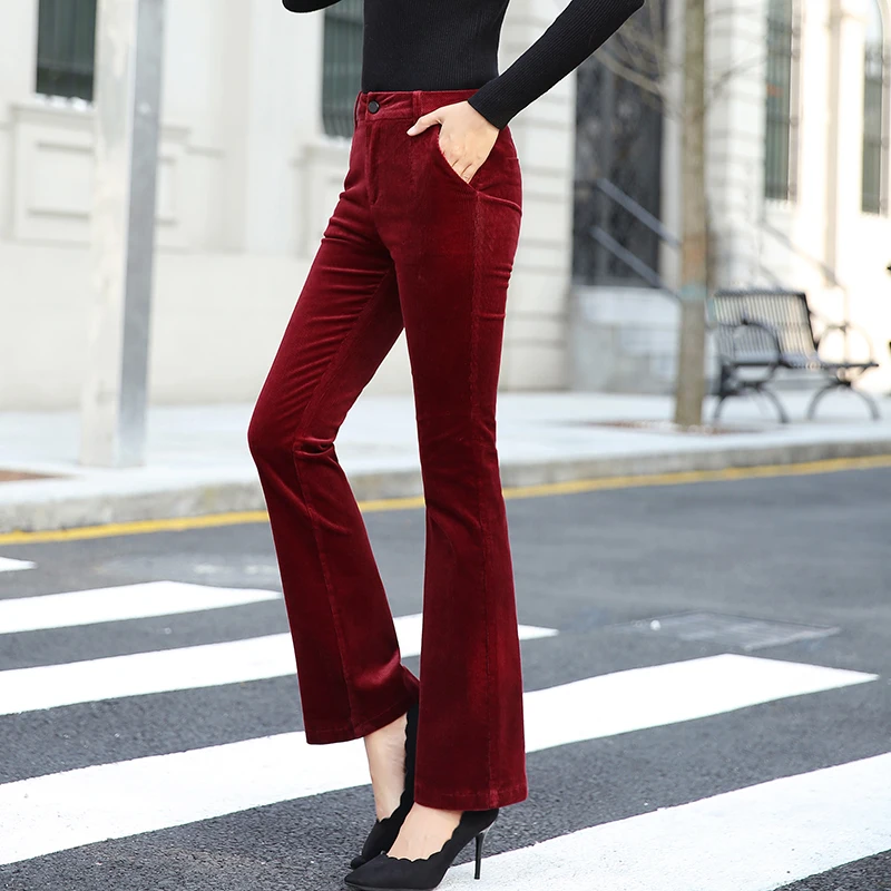 

2018 autumn new women's corduroy flared pants female high waist retro stretch pants velvet pants plus size women wide leg pants