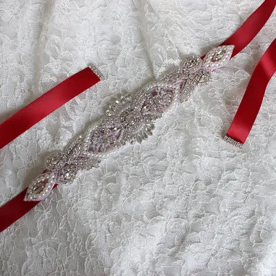 Жемчуг и Кристалл Свадебный Венчальный со стразами пояс и пояса(26x5 см - Цвет: red