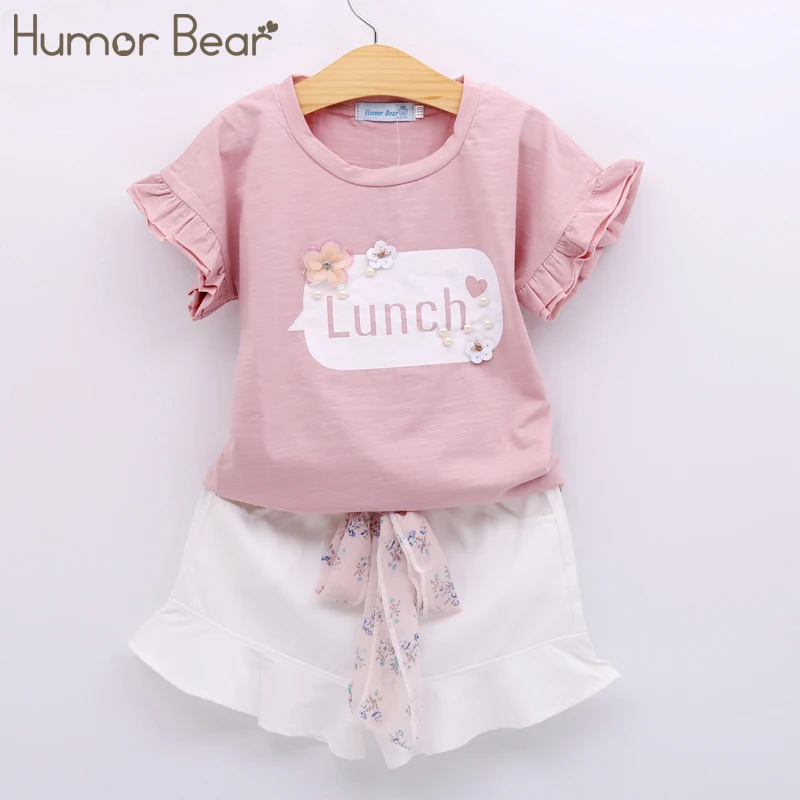 Humor Bear/ г. Новая одежда для девочек Летняя стильная футболка с большим бантом для девочек+ шорты, комплект одежды для детей, комплект одежды для девочек