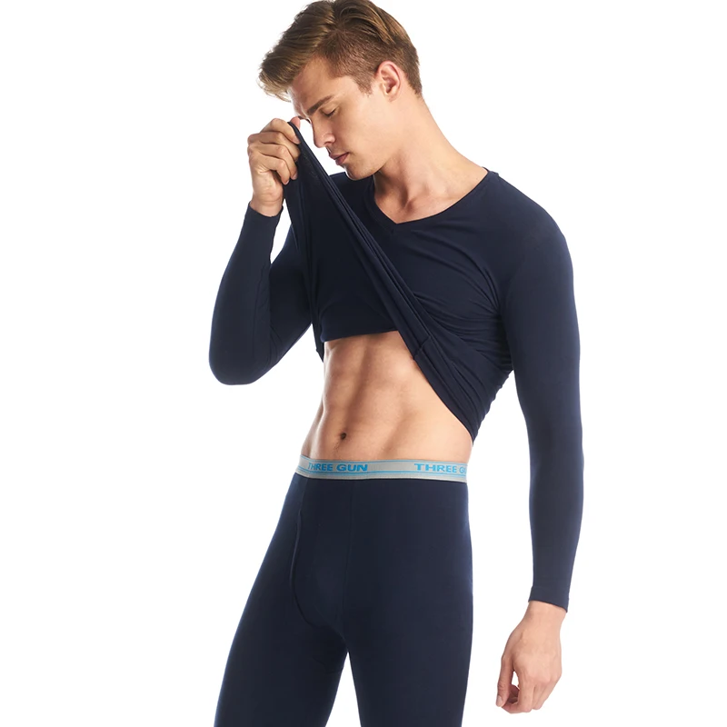 THREEGUN Lycra Undershirts Man Long Johns V- Neck Thermal Underwear Sets Fashion Waistband Male Winter Bottoms Warm Black