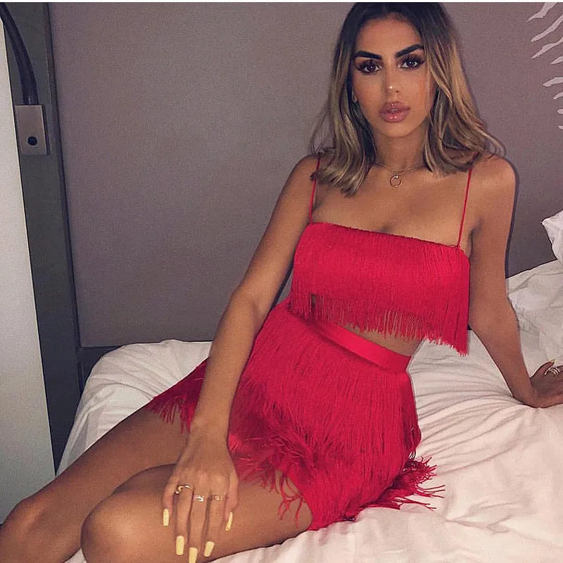 

tassels summer layered dress ladies two piece short mini dress sexy spaghetti strap red white fringe new beach dresses for women