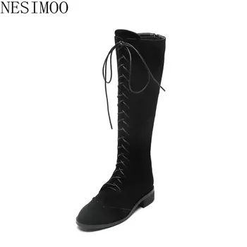 

NESIMOO 2019 Women Over Simple And Fashion Flock The Knee High Boots Black Brown Lace Up Square Med Heel Shoes Size 34-39