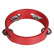 6 Inch Handheld Wooden Tambourine Hand Bell Single Row Metal Jingles Red for Party Kids Games Percussion Musical Instrument