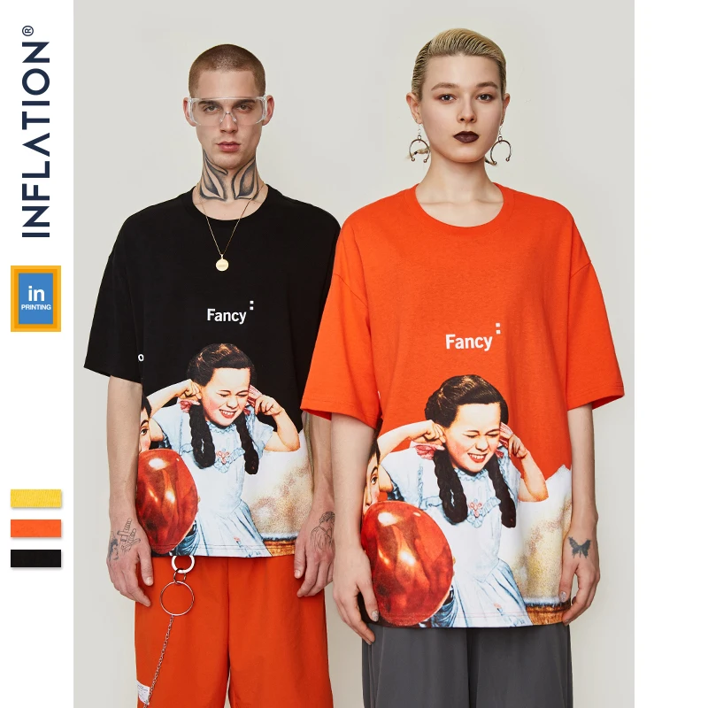 Надувные шары Забавный принт Мужская свободная футболка с круглым вырезом Футболка хлопок Мода Высокая Улица пара тройники уличная одежда 91209S
