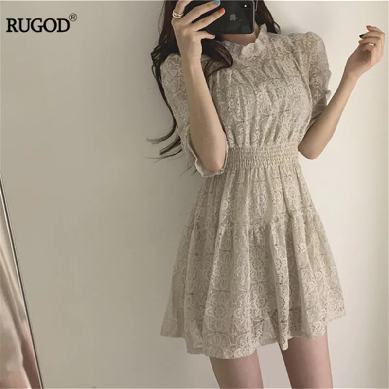 Женское ажурное платье RUGOD с кружевными краями однотонное летнее высокой