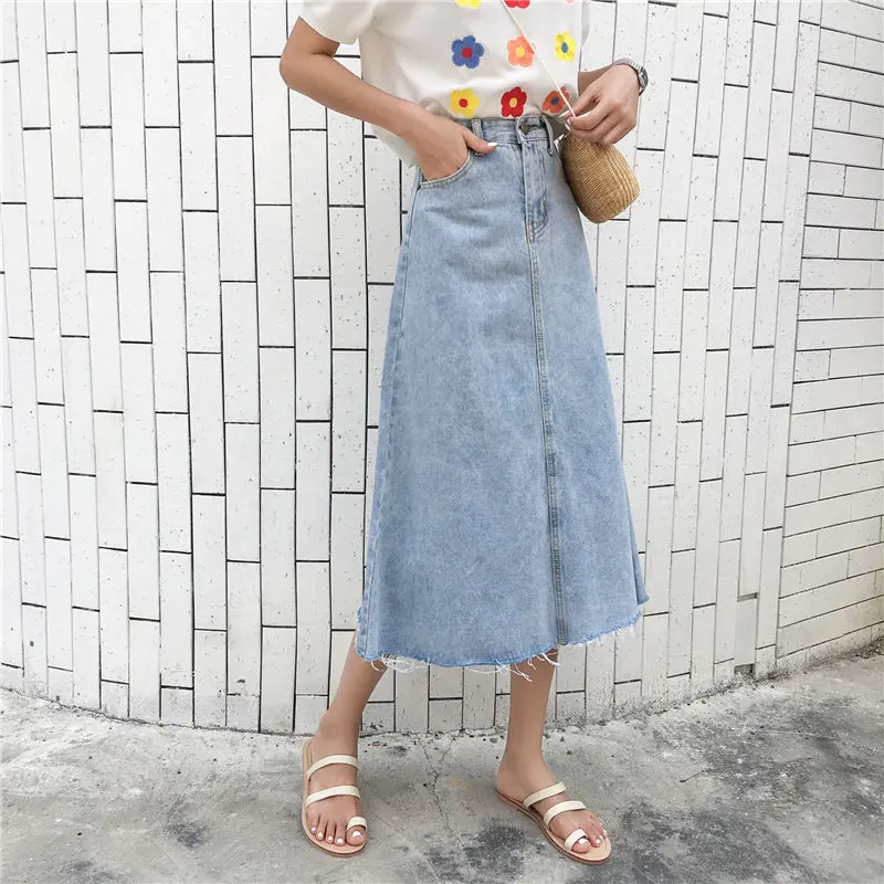 HziriP Korea Chic Fashion New Summer High Waist Women All-Match Simple Loose Streetwear Denim Female A-Line Mid-Calf Skirts