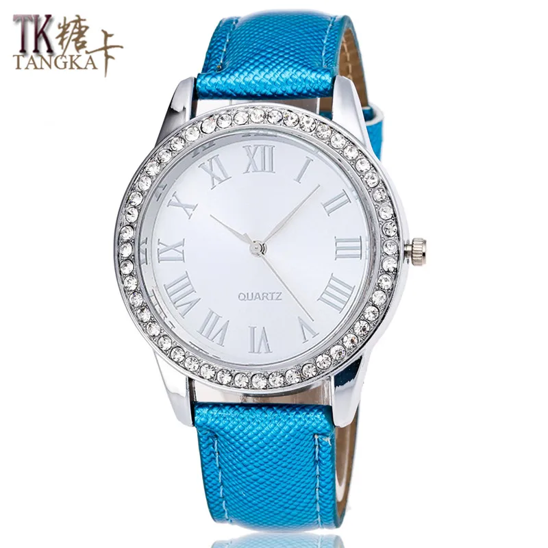

6 colors Fashion casual ladies watch Crystal leather watch band Roman numerals clock Luxury brand dress woman quartz watch