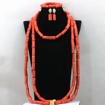 

Hot 18''+40''+48'' 3 Rows Women African Wedding Necklace Bracelet Earrings Set Real Coral Beads Jewelry Set Free Shipping QW483
