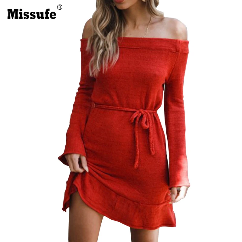 Missufe 2018 Vestidos линии Тонкий партия Туника женщин свитер платья с поясом сексуальная Slash шеи с плеча осень зима платье