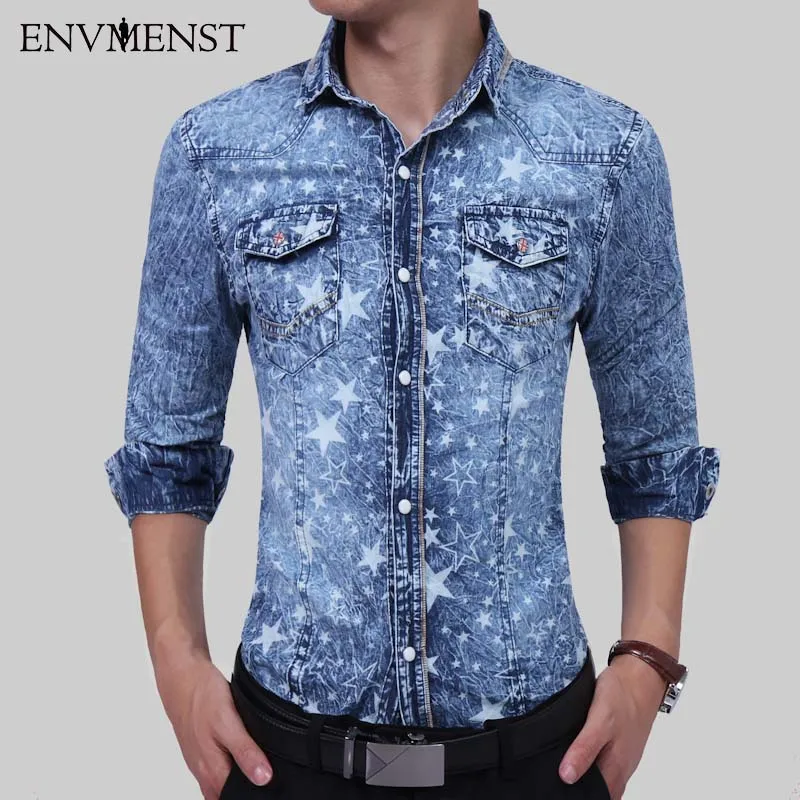 

Envmenst 2017 New Fashion Style Autumn Men's Leisure Star Printed Long Sleeve Denim Shirts Men Turn Down Collar Denim Shirts