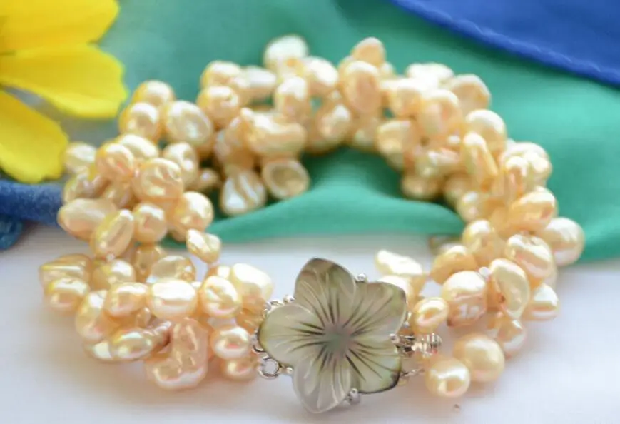 

Hot sale new Style >>>>>Z6443 4strands 9mm yellow lamina BAROQUE KESHI REBORN PEARL bracelet 8inch