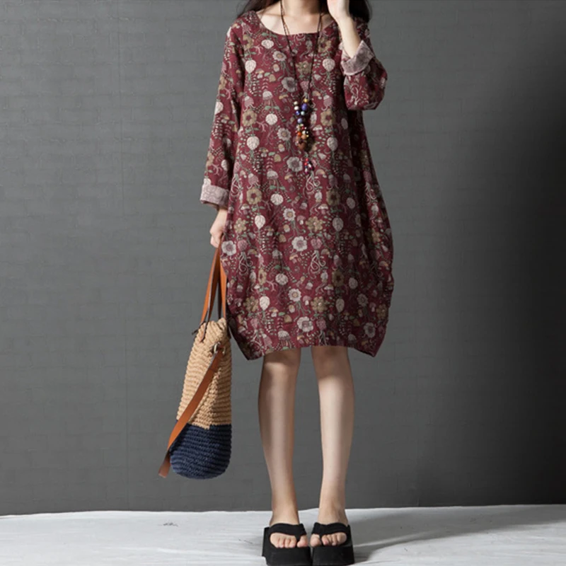 

2019 ZANZEA Vintage Floral Print Women Long Sleeve Baggy Casual Cotton Linen Crew Neck Midi Dress Loose Party Vestido Plus Size