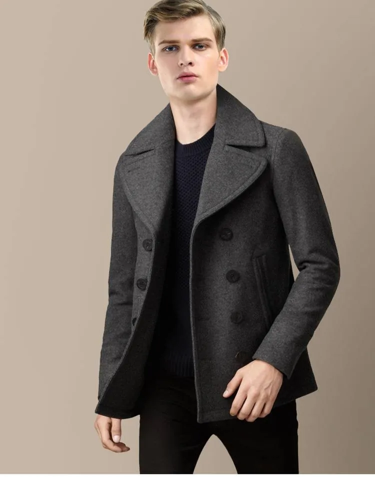 

Tailor-made Winter Men Wool Wool Blending Outerwear Turn-Down Collar Long Sleeve Double Breasted Short Design Navy Wool Coat