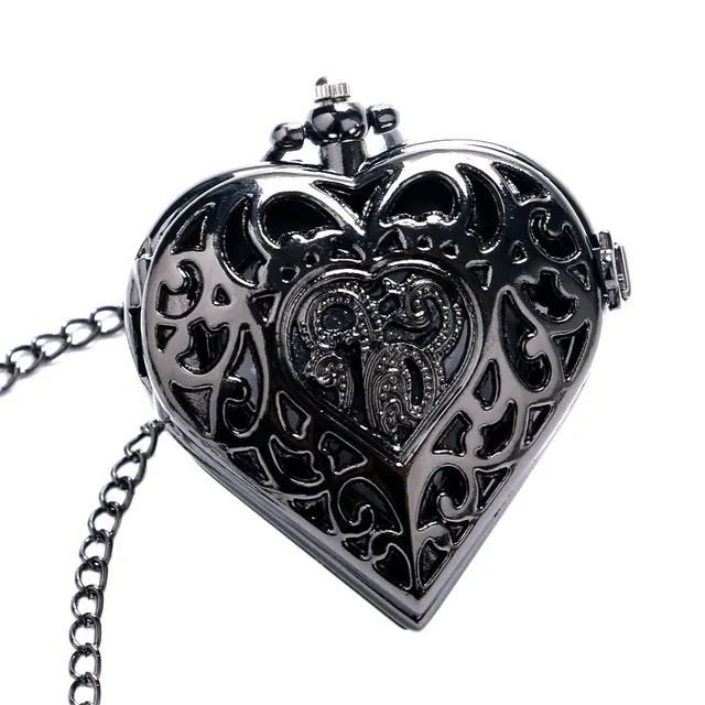 Elegant Black Hollow Heart Shape Quartz Fob Pocket Watch With Sweater Necklace C Elegant Black Hollow Heart Shape Quartz Fob Pocket Watch With Sweater Necklace C