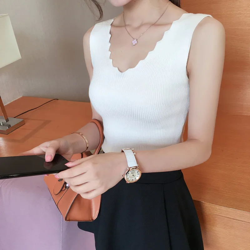

2017 Women's Fashion V-neck Tank Tops Summer Sleeveless Knitted Tanks For Lady Basic Tops