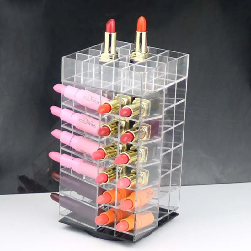 Acrylic Rotating 64 Lipstick Tower Organizer Spinning Lipstick Tower Lipgloss Holder with Removable Dividers Lipstick Holder