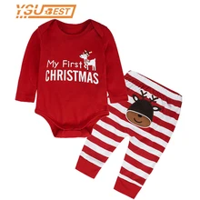 Рождественский комплект одежды из 2 предметов для новорожденных; хлопковый комбинезон с длинными рукавами и рисунком оленя+ штаны; новогодний костюм; одежда для малышей