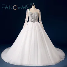 Real Photos Pearls Beaded Court Train Wedding Dresses with Long Sleeves Lace-up Back Tulle Bridal Gown robe de mariage