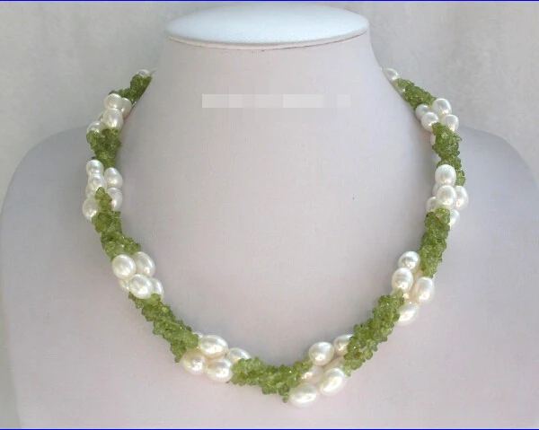 

Fast shipping>>>>stunning 3rows 11mm rice white freshwater pearls green peridot necklace y447 30% off