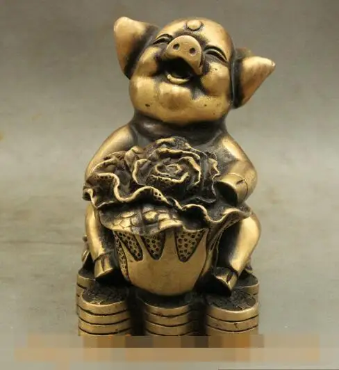 

S01390 Folk China Bronze Wealth Coin Chinese Cabbage Cai Lucky Pig Statue Sculpture (B0413)