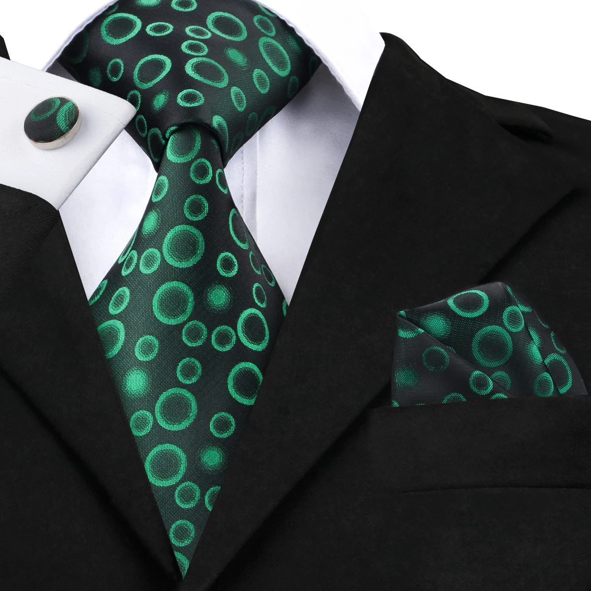 Fashion Green Polka Dot Ties Set for Men Silk Classic Tie and Pocket