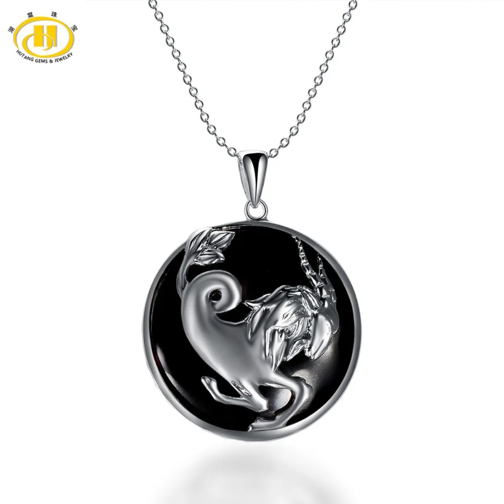 

Hutang Capricorn Zodiac Natural Black Jade Pendant Solid 925 Sterling Silver Necklace free chain Women's Men's Jewelry Gift