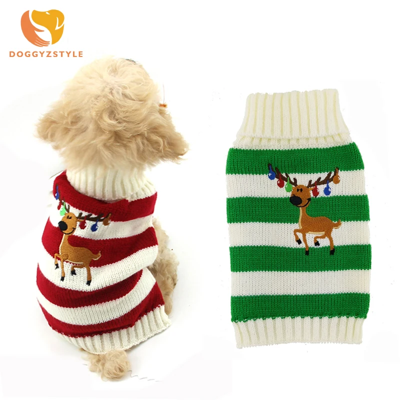Red Green Christmas Reindeer Pet Cat Dog Sweater Striped Puppy Knit