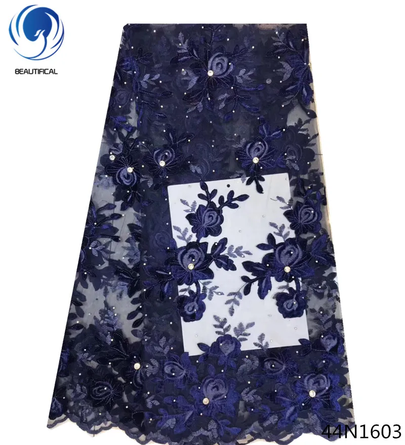 

Beautifical blue nigerian laces african lace clothing womens french lace with rhinestones 5yards/lot wedding dress 2018 44N16