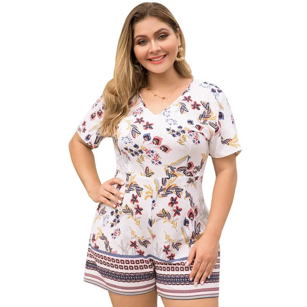 

WHZHM Plus Size 3XL 4XL Flower Printed Playsuits Women Short Sleeve Beach Loose Pants VNeck Floral Chiffon Summer Jumpsuit Femme