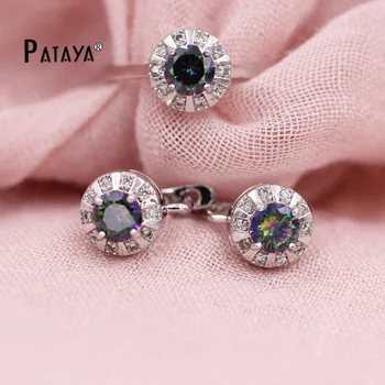 

PATAYA Rainbow Round Jewelry Set Women Natural Cubic Zirconia Earrings Ring Set Bridal Weddings Glowing Beautiful Accessories