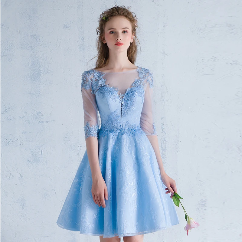 Baby Blue Sheer Neck Beading Mini Lace Vestidos De Festa Appliques A