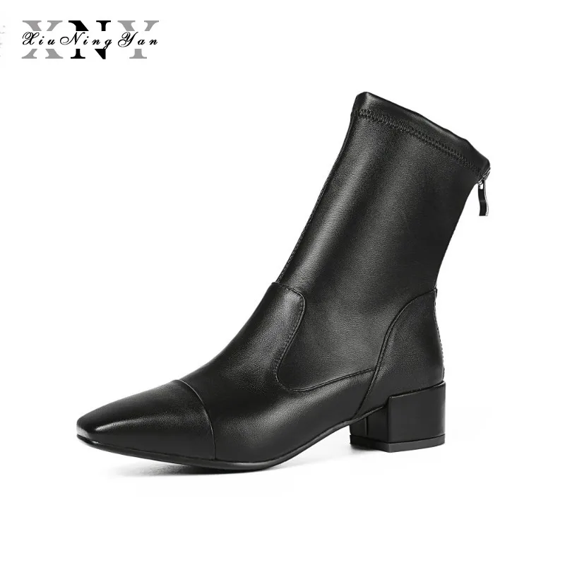 

XiuNingYan Genuine Leather Shoes Women Ankle Boots Autumn Thick High Heel Martin Boots Winter Handmade Leather Shoes Boot Black
