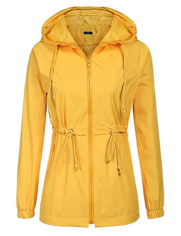 Hooded Lightweight Waterproof Black Navy Long Casual Raincoat Blue Sleeve Rain Zipper Regular Jacket Women Yellow Solid