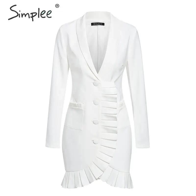 Simplee Sexy v-neck women blazer dress Elegant signal breasted frill white office dress Party style ladies pockets mini dresses - Цвет: Белый