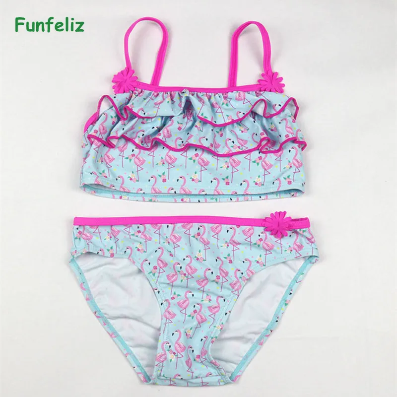 Funfeliz/синий купальный костюм для девочек, От 2 до 12 лет, комплект из двух предметов, купальный костюм с рисунком фламинго, купальник для девочек, детская одежда для плавания, танкини - Цвет: flamingo