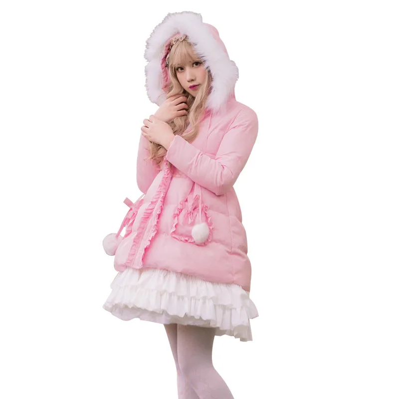 Милая женская зимняя парка в Стиле Лолита, теплое длинное пальто с капюшоном из меха енота