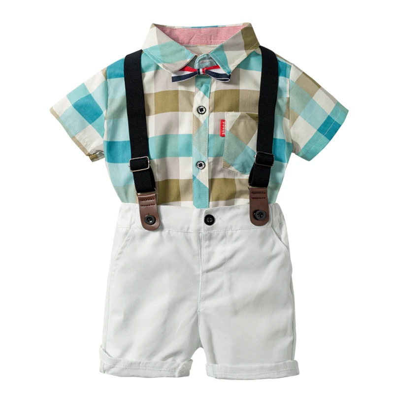 

Toddler Boy Formal Shirt Suit Clothes Summer Bow Wedding Kids Baby Set Shirt Blue Plaid Tops+Suspender Pants Outfits
