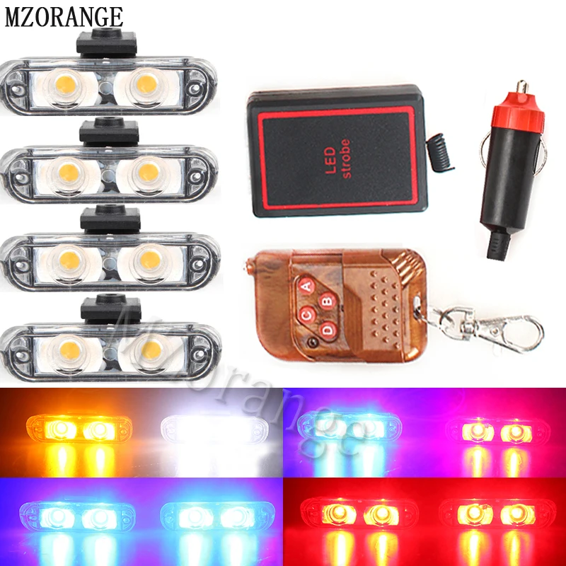 

MZORANGE Wireless Remote Control Strobe Car Lights 4X2 Leds Stroboscope Flashing Police LED Lamp Auto Warning Emergency Lights