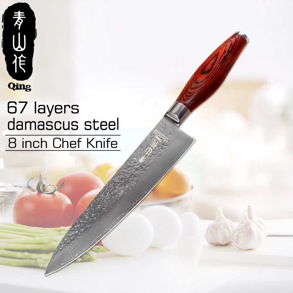 

QING VG10 Damascus Kitchen Knife Red Color Wood Handle Cooking Tools 8" Chef 8" Slicing 7" Chopping 5" Utility 3" Fruit Knife