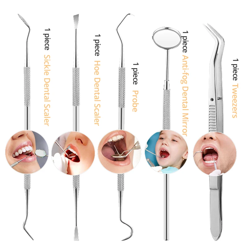 Стоматологическое зеркало из нержавеющей стали стоматологический набор инструментов зонд набор для ухода за зубами инструмент Пинцет Hoe серповидный скалер - Цвет: 5 PC